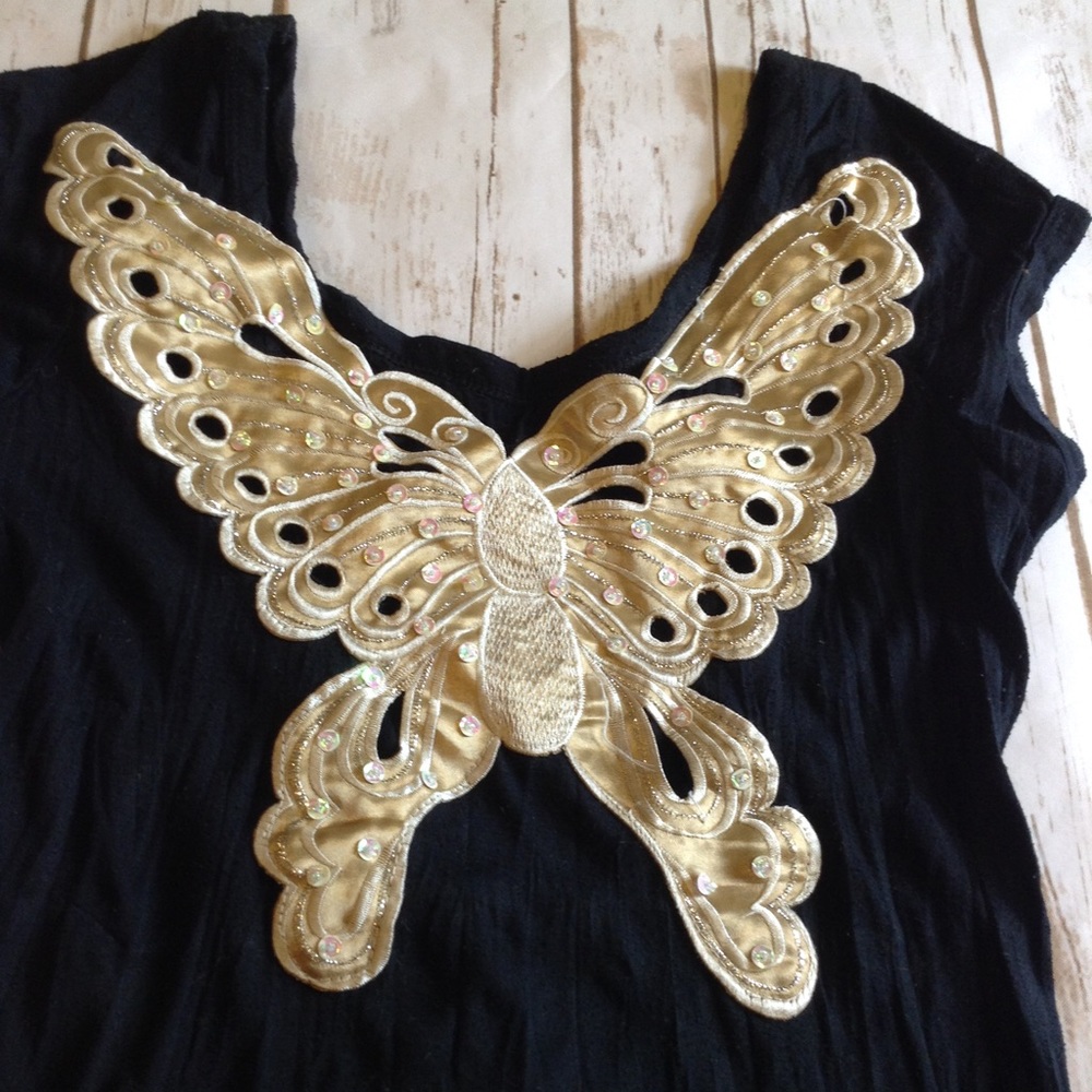 Gold Butterfly Embroidered Top Vintage Festival & Concert Shirt